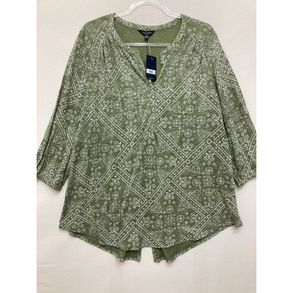New Lucky Brand Tunic Top 1X Green Paisley Bandana Split V-Neck Stretch Boho